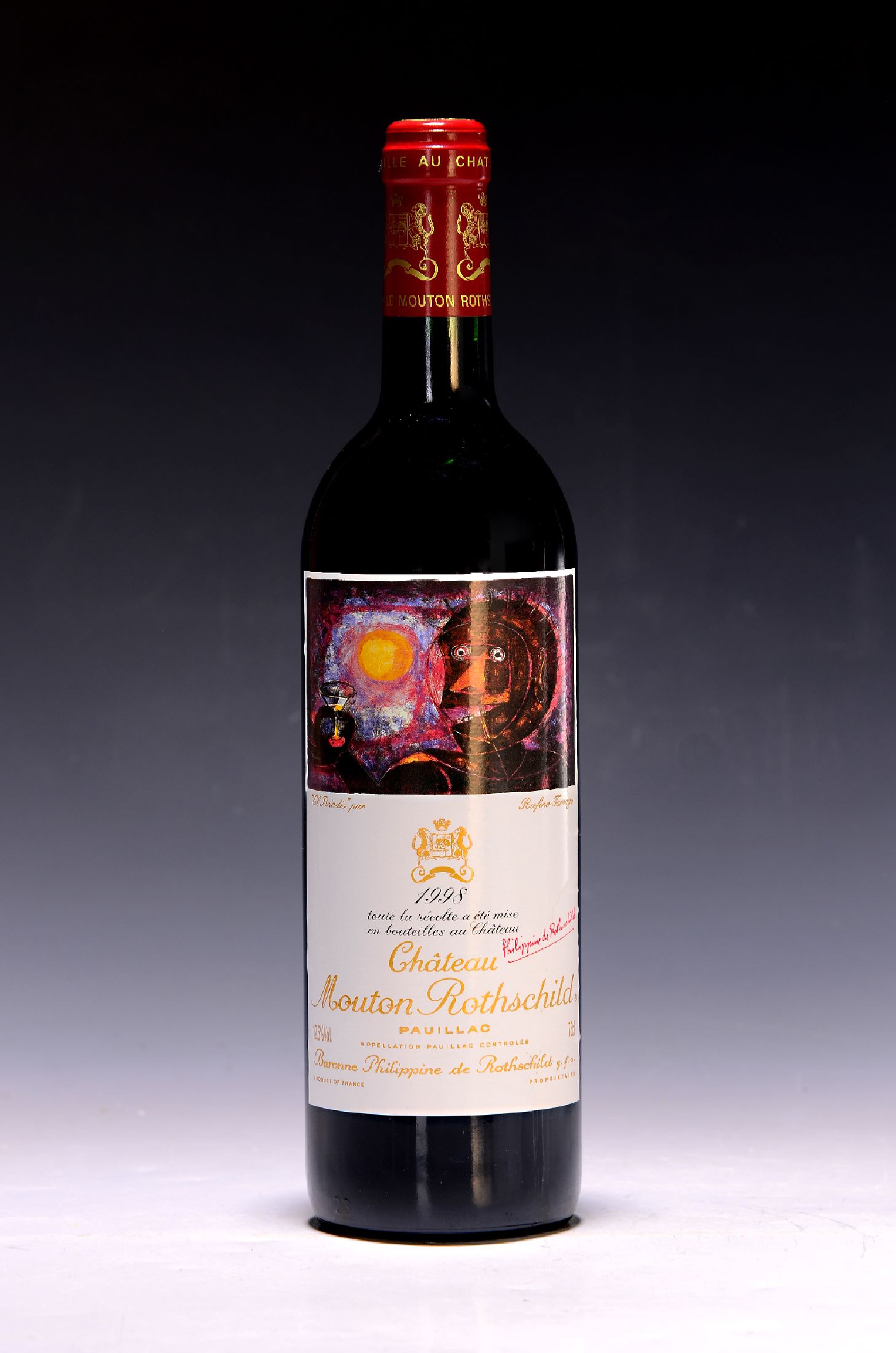 1 Flasche 1998 Chateau Mouton Rothschild, Pauillac, Grand Cru Classe, 750ml, 12,5%Vol., High Fill, unverkostet, Etikettgestaltung: Rufino Tamayo, 96 ...