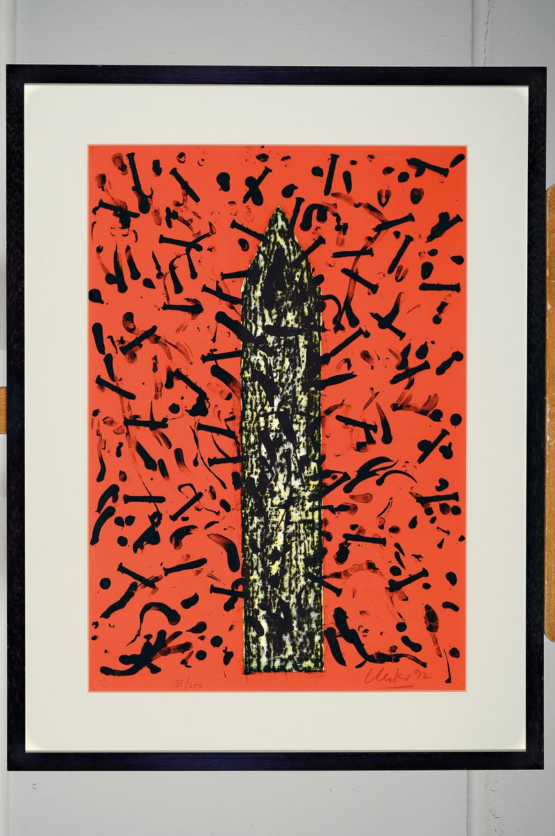 Detail k: Günther Uecker, geb. 1930, Farblitho auf Bütten, handsigniert, num. 38/300, aus 1992, dargestellt ist der Kirchturm der Hamburger Michaelis Kirche. ...