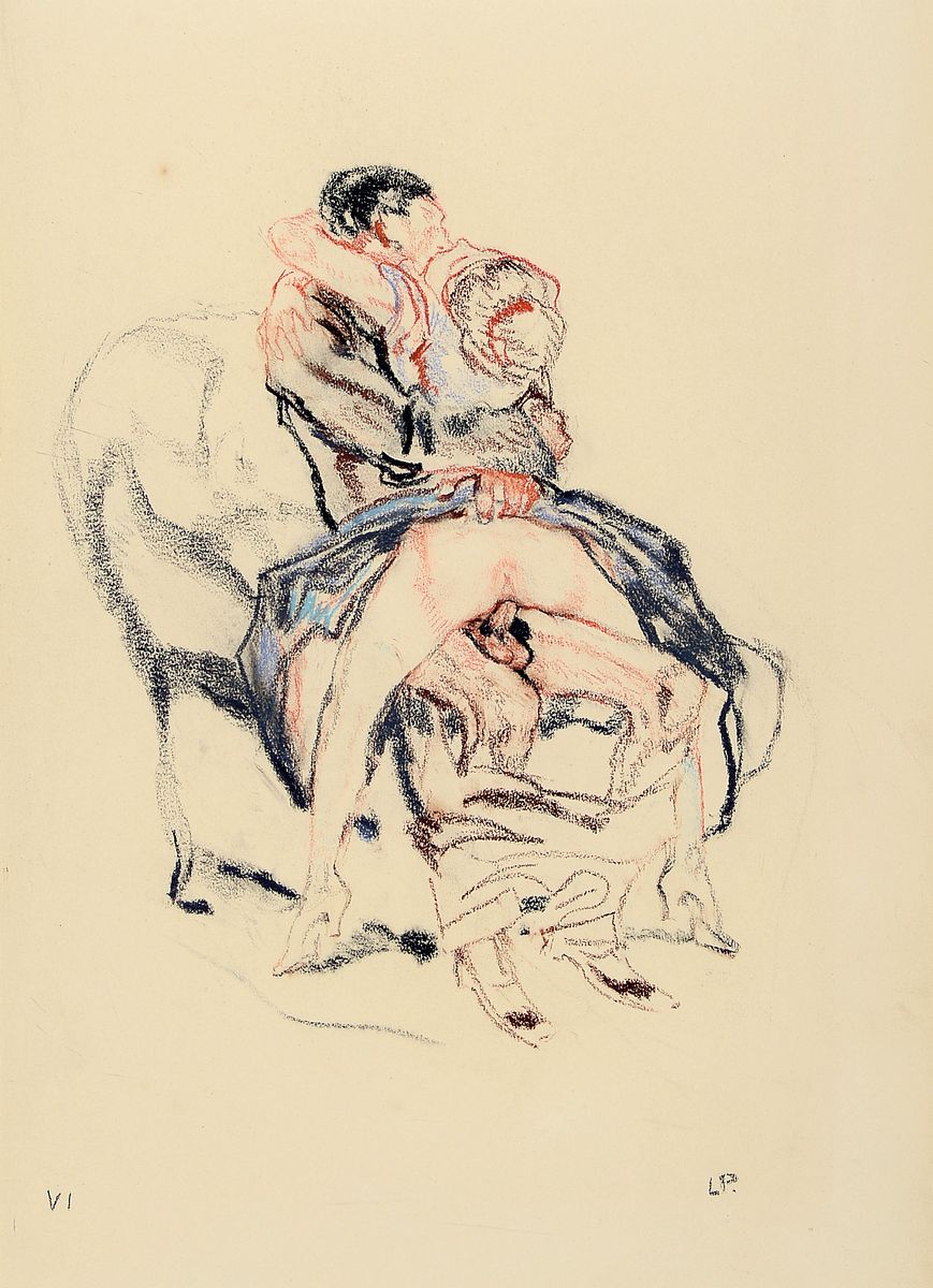 Leo Putz, 1869 - 1940, erotische Darstellung, monogrammiertes Pastell auf Papier aus einer Folge von 14 Erotik Pastellen, hier Pastell Nr. VI, um ...