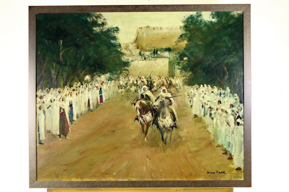 Detail k: Otto Dill, 1884 Neustadt a.d. Weinstraße - 1957 Bad Dürkheim, arabische Reiterparade in Frontalansicht, Öl/Platte, vor kurzem gereinigt und ...