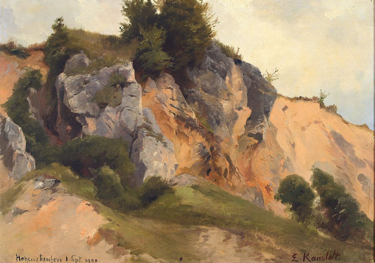 Edmund Friedrich Kanoldt 1845 - 1904, Felsen bei Hohenstaufen, Öl/Lwd/Platte, re. unten signiert und li. unten bezeichnet: "Hohenstaufen 1. ...