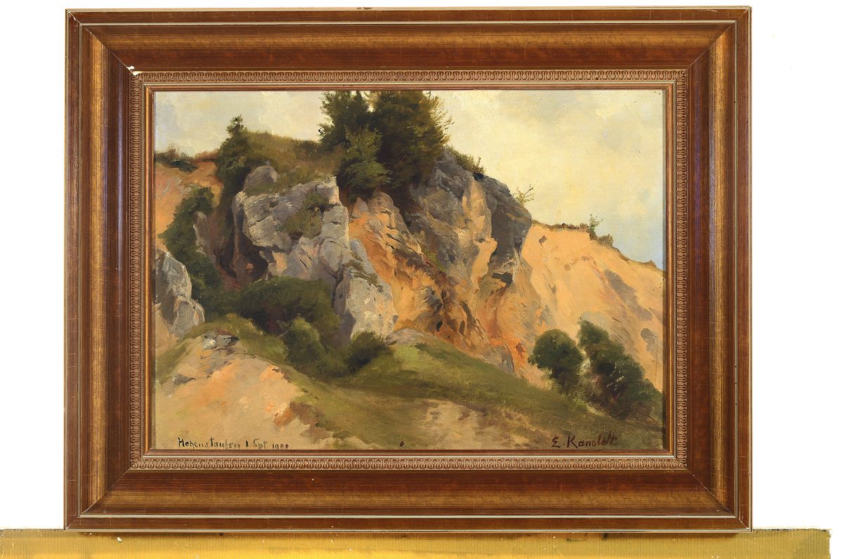 Detail k: Edmund Friedrich Kanoldt 1845 - 1904, Felsen bei Hohenstaufen, Öl/Lwd/Platte, re. unten signiert und li. unten bezeichnet: "Hohenstaufen 1. ...