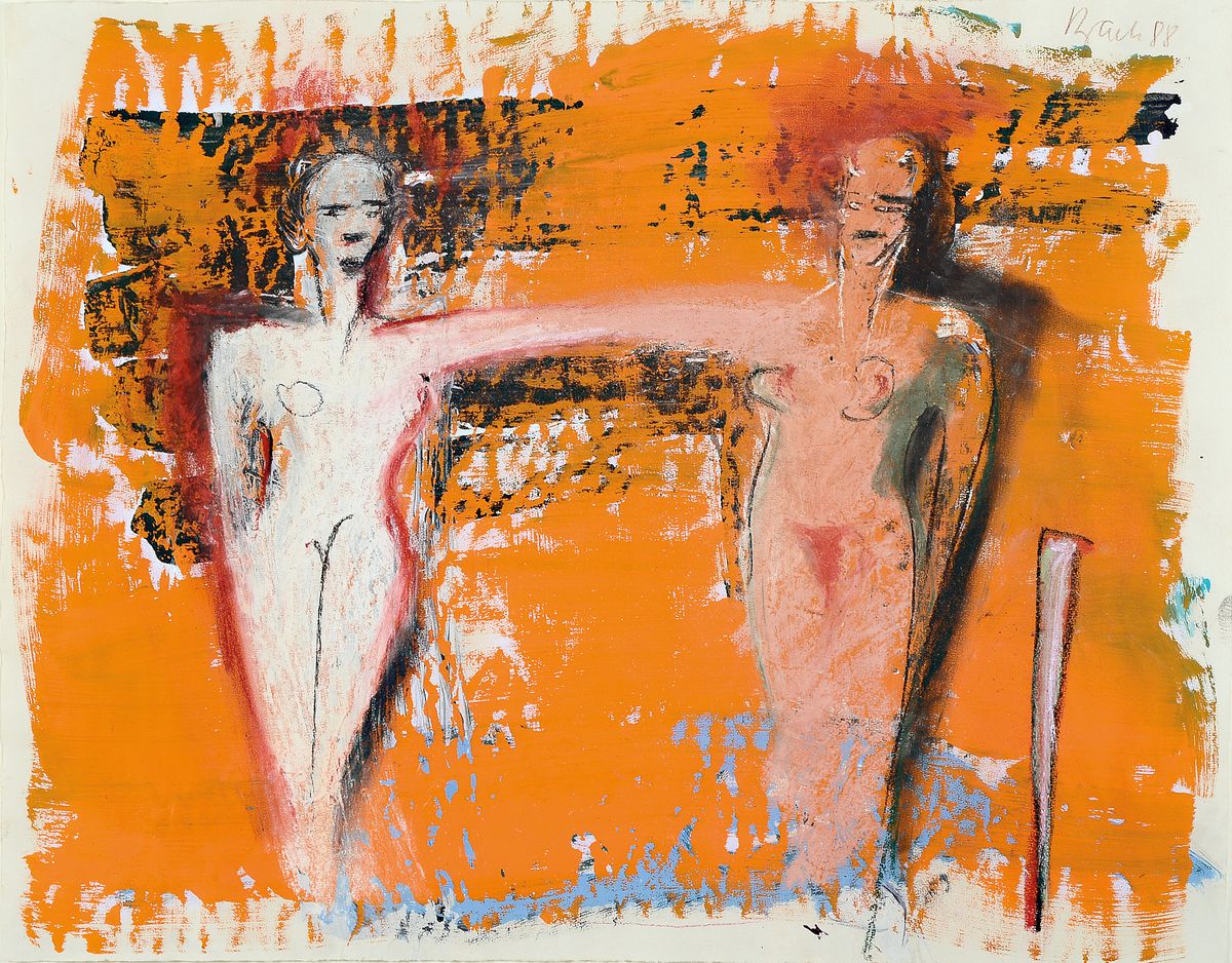 Elvira Bach, geb. 1951, zwei Frauenakte, Öl und Gouache auf Bütten, handsigniert, ca. 48 x 61 cm, aus 1988, unter Glas, Rahmen ca. 48 x 61 cm