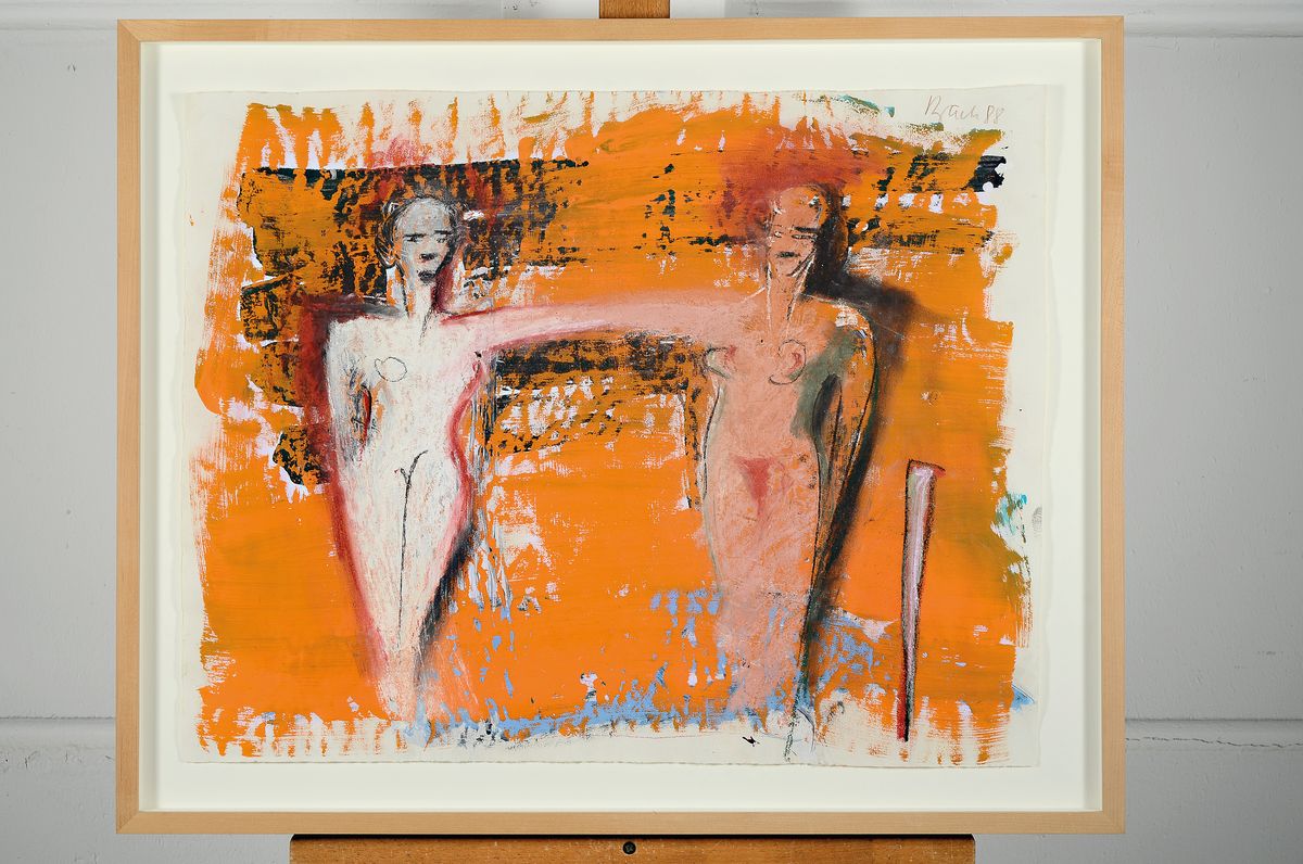 Detail k: Elvira Bach, geb. 1951, zwei Frauenakte, Öl und Gouache auf Bütten, handsigniert, ca. 48 x 61 cm, aus 1988, unter Glas, Rahmen ca. 48 x 61 cm