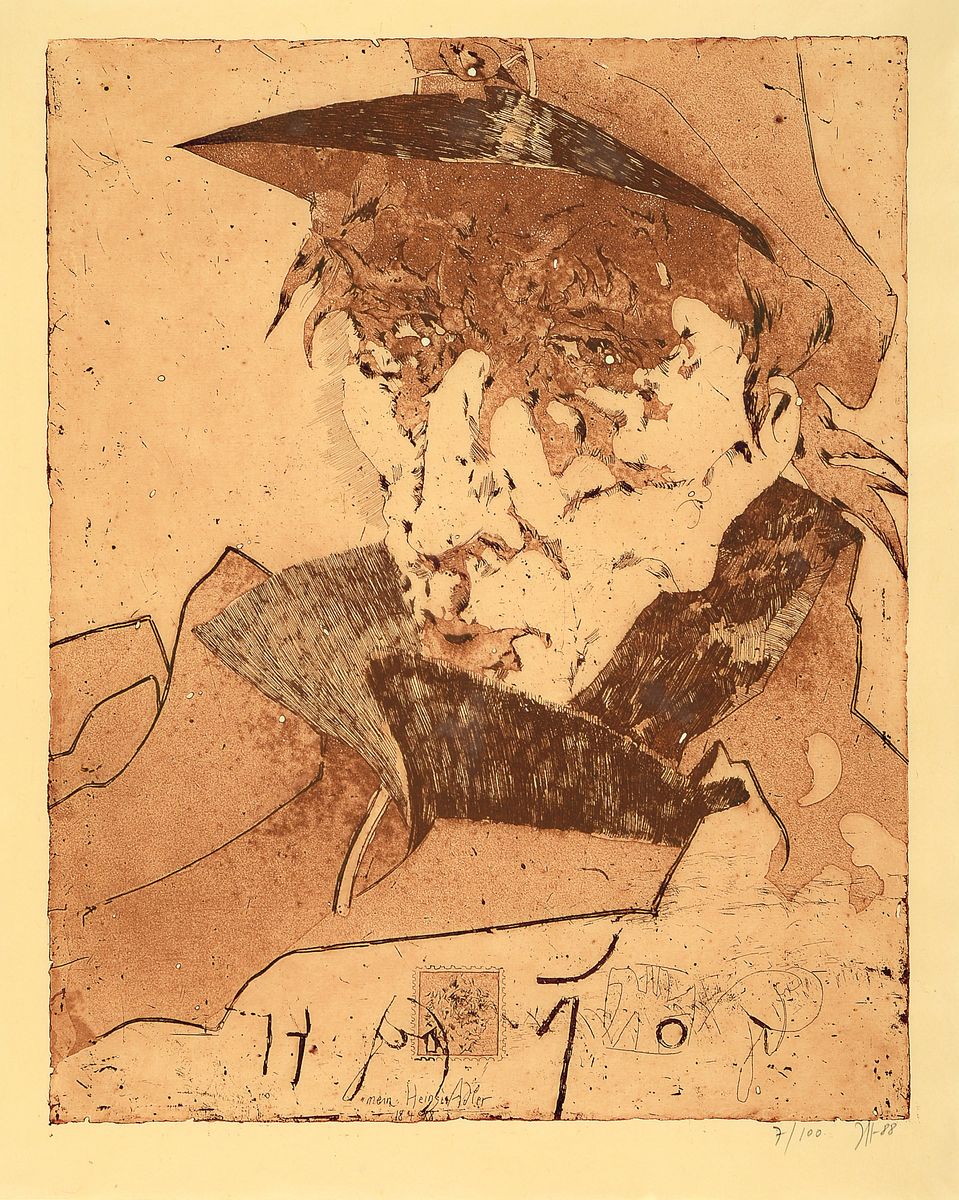 Horst Janssen, 1929 - 1995, Radierung und Aquatinta in Rot-Braun auf Japanpapier, handsigniert, num. 7/100, aus 1988, ca. 54 x 43.5 cm, Rahmen 68 x ...