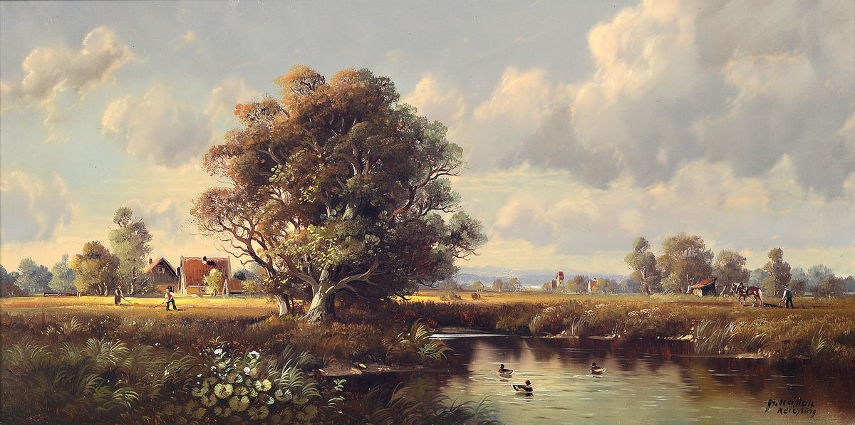 Hubert Kaplan, geb. 1940 München, bäuerliche Idylle am Teich, feine Miniaturmalerei, Schilderung des Landlebens mit versch. Szenen, Bauer mit ...