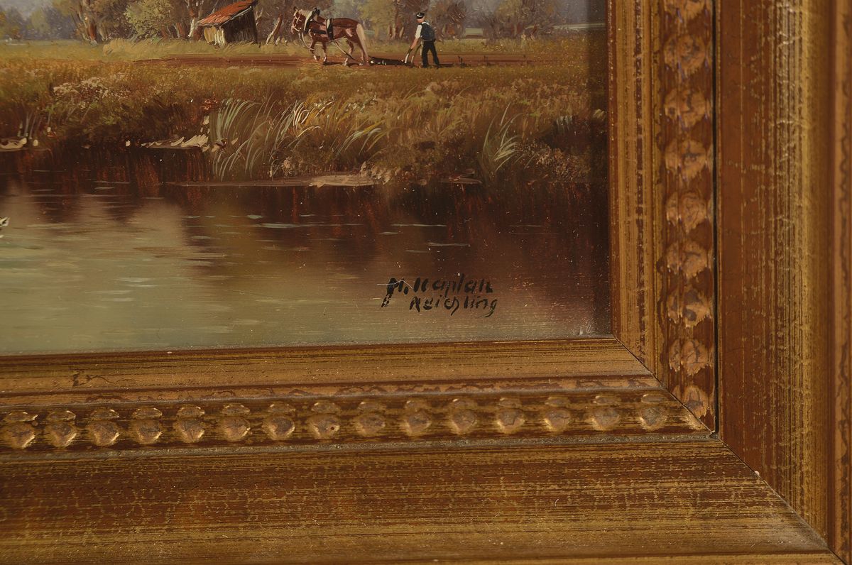 Detail a: Hubert Kaplan, geb. 1940 München, bäuerliche Idylle am Teich, feine Miniaturmalerei, Schilderung des Landlebens mit versch. Szenen, Bauer mit ...