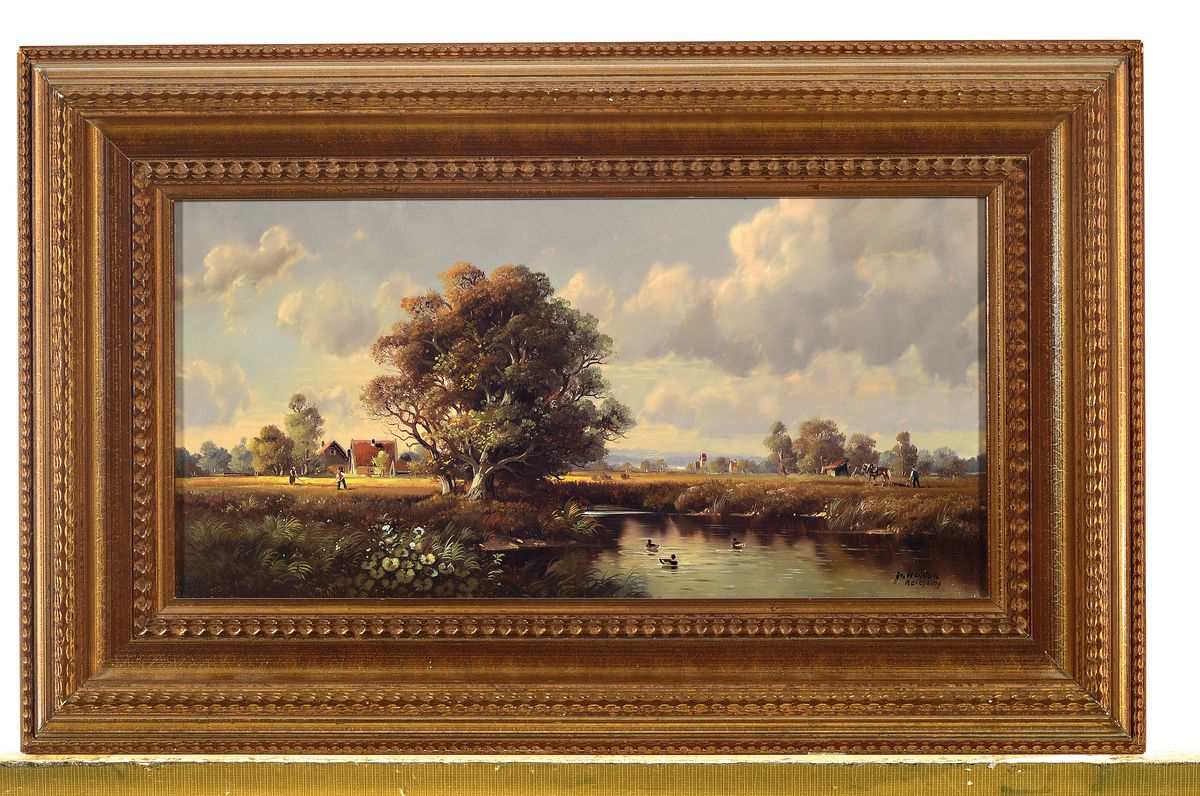 Detail k: Hubert Kaplan, geb. 1940 München, bäuerliche Idylle am Teich, feine Miniaturmalerei, Schilderung des Landlebens mit versch. Szenen, Bauer mit ...