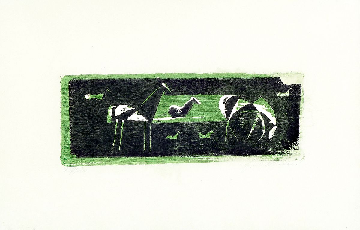 Ewald Matare, 1887 - 1965, Farbholzschnitt auf Monopol-Velin, "Pferde auf der Weide", (Fünf eigentlich sieben Pferde), aus 1935, ...