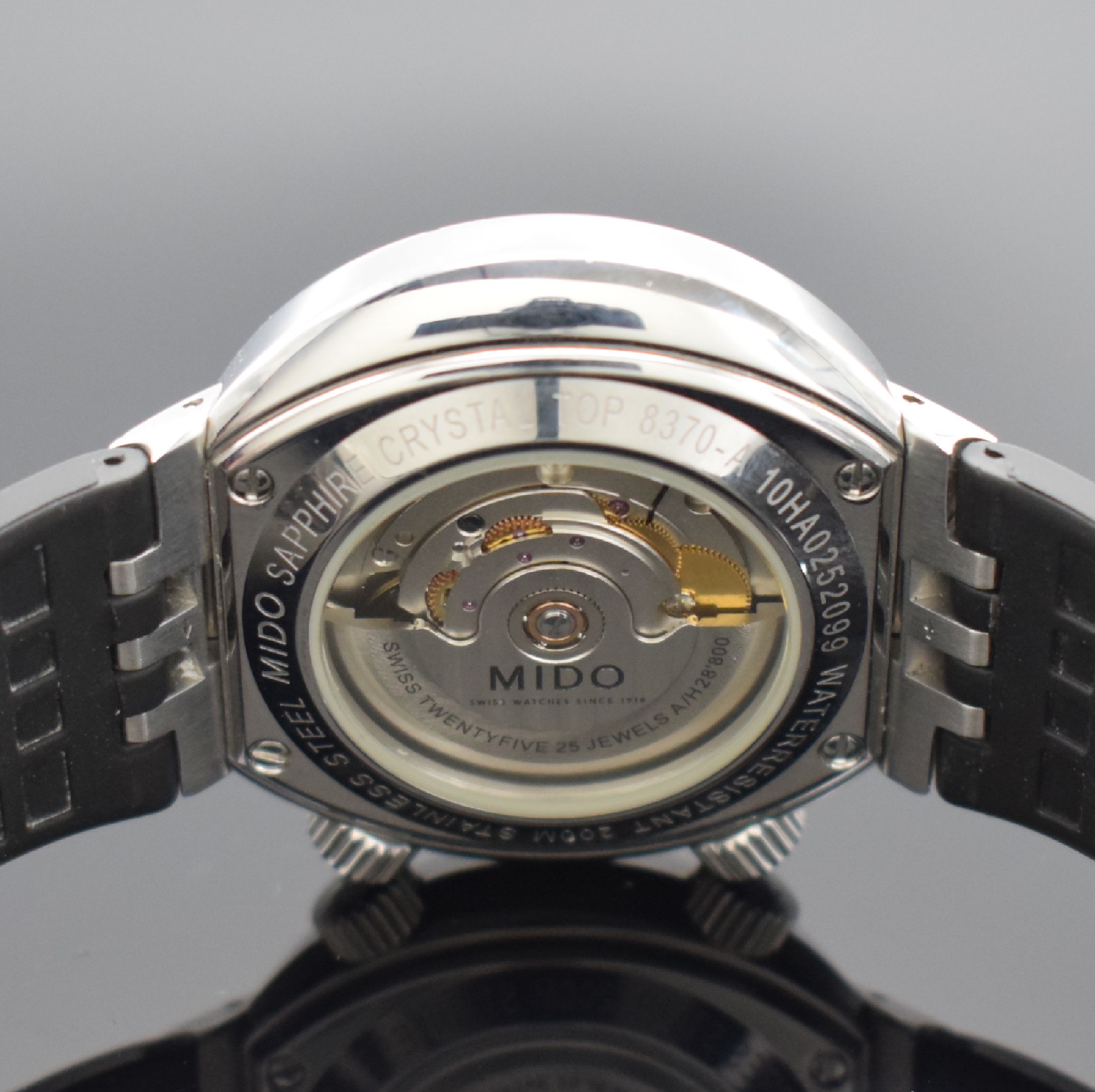 Detail e: MIDO All Dial Diver Herrenarmbanduhr, Schweiz um 2013, Automatik, Ref. 8370-A, verschr., beids. vergl. Gehäuse in Edelstahl, Kautschukband m. ...