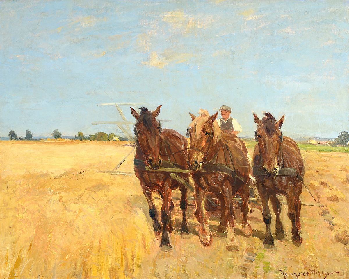 Reinhold Nielsen, 1891 Dänemark - 1984, Bauer mit dreispännigem Pferdefuhrwerk bei der Ernte, Öl/Lwd, re. unten signiert, ca. 55 x 69 cm, Rahmen