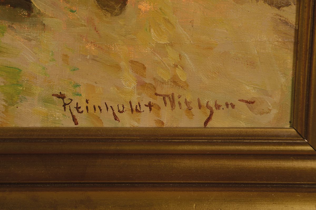 Detail a: Reinhold Nielsen, 1891 Dänemark - 1984, Bauer mit dreispännigem Pferdefuhrwerk bei der Ernte, Öl/Lwd, re. unten signiert, ca. 55 x 69 cm, Rahmen