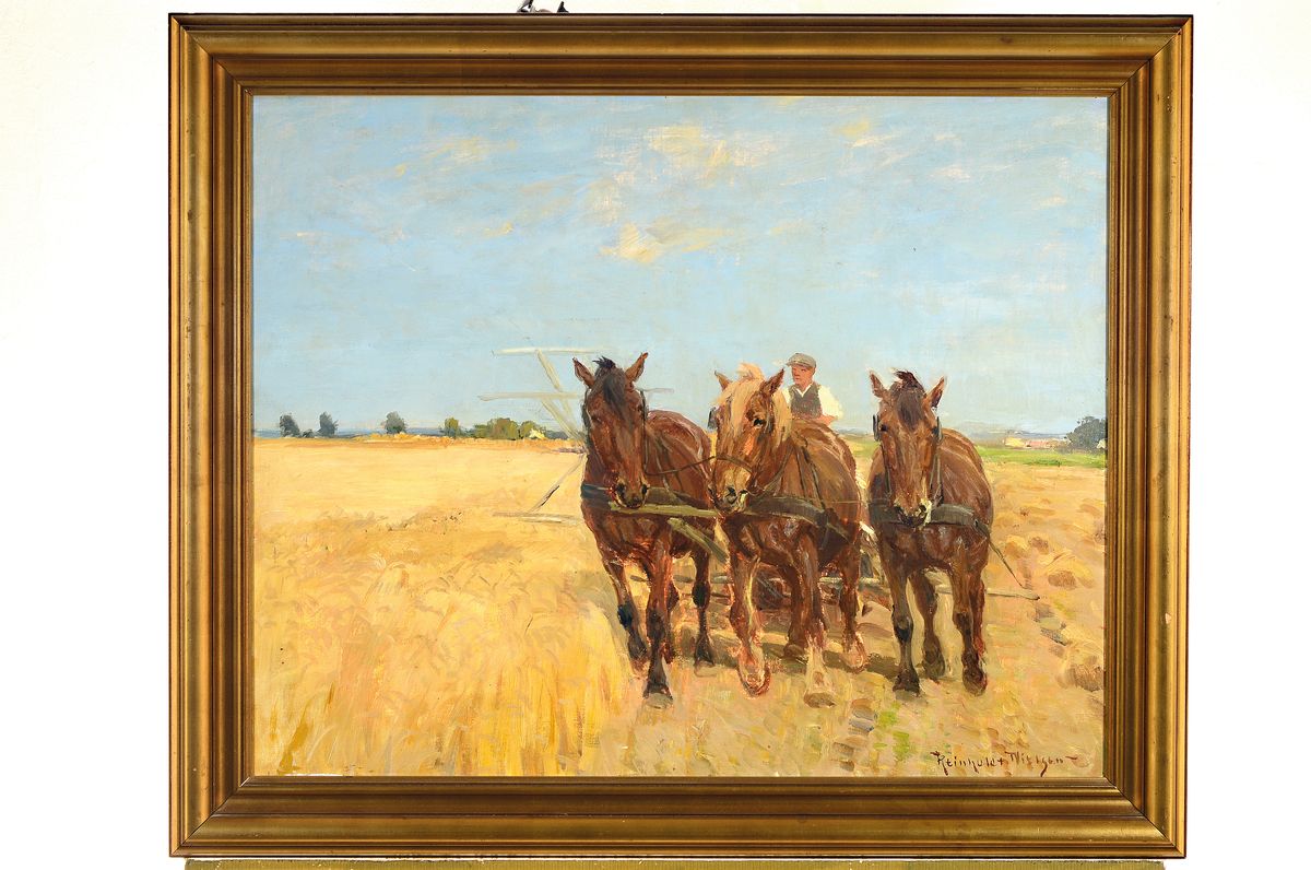 Detail k: Reinhold Nielsen, 1891 Dänemark - 1984, Bauer mit dreispännigem Pferdefuhrwerk bei der Ernte, Öl/Lwd, re. unten signiert, ca. 55 x 69 cm, Rahmen