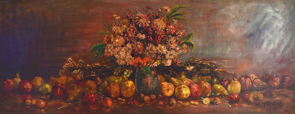 Waldemar Thorn, 1876 Stuttgart -1940, Stillleben und Landschaftsmaler, hier großes Blumen- und Früchtestillleben, Öl/ Lwd, re. u. signiert und ...