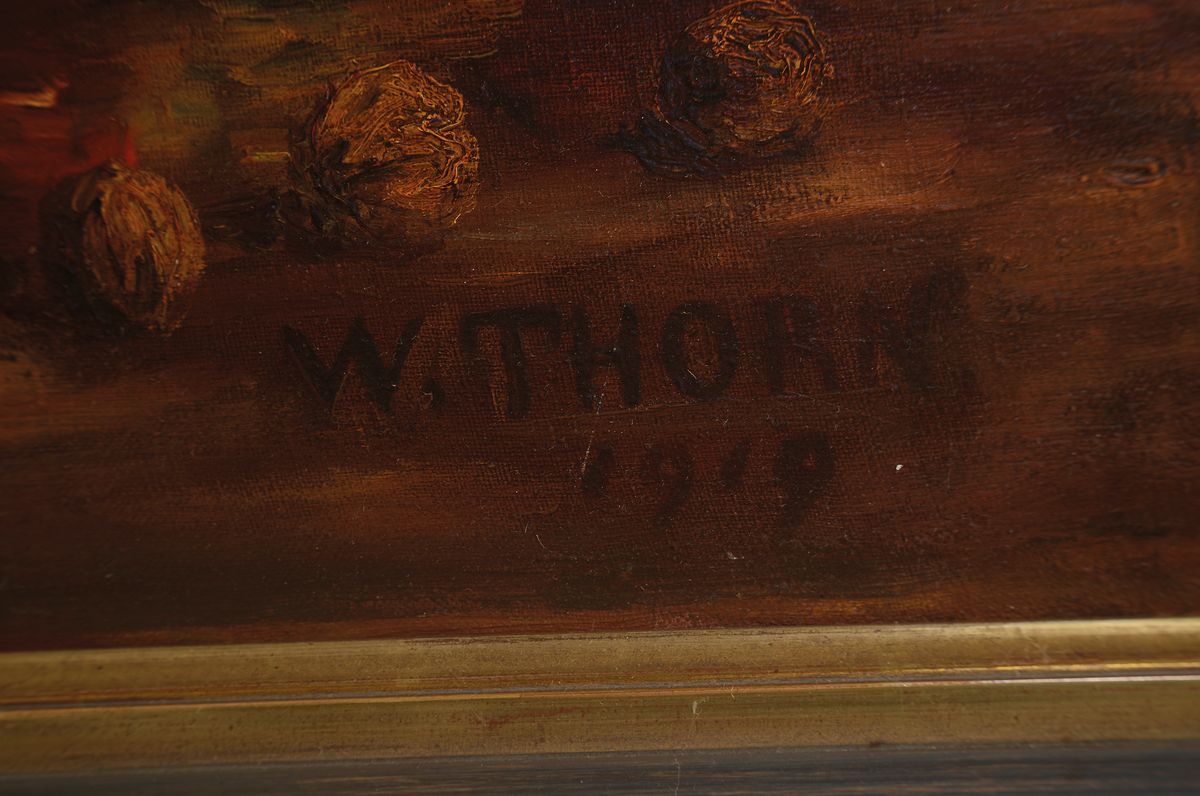 Detail a: Waldemar Thorn, 1876 Stuttgart -1940, Stillleben und Landschaftsmaler, hier großes Blumen- und Früchtestillleben, Öl/ Lwd, re. u. signiert und ...
