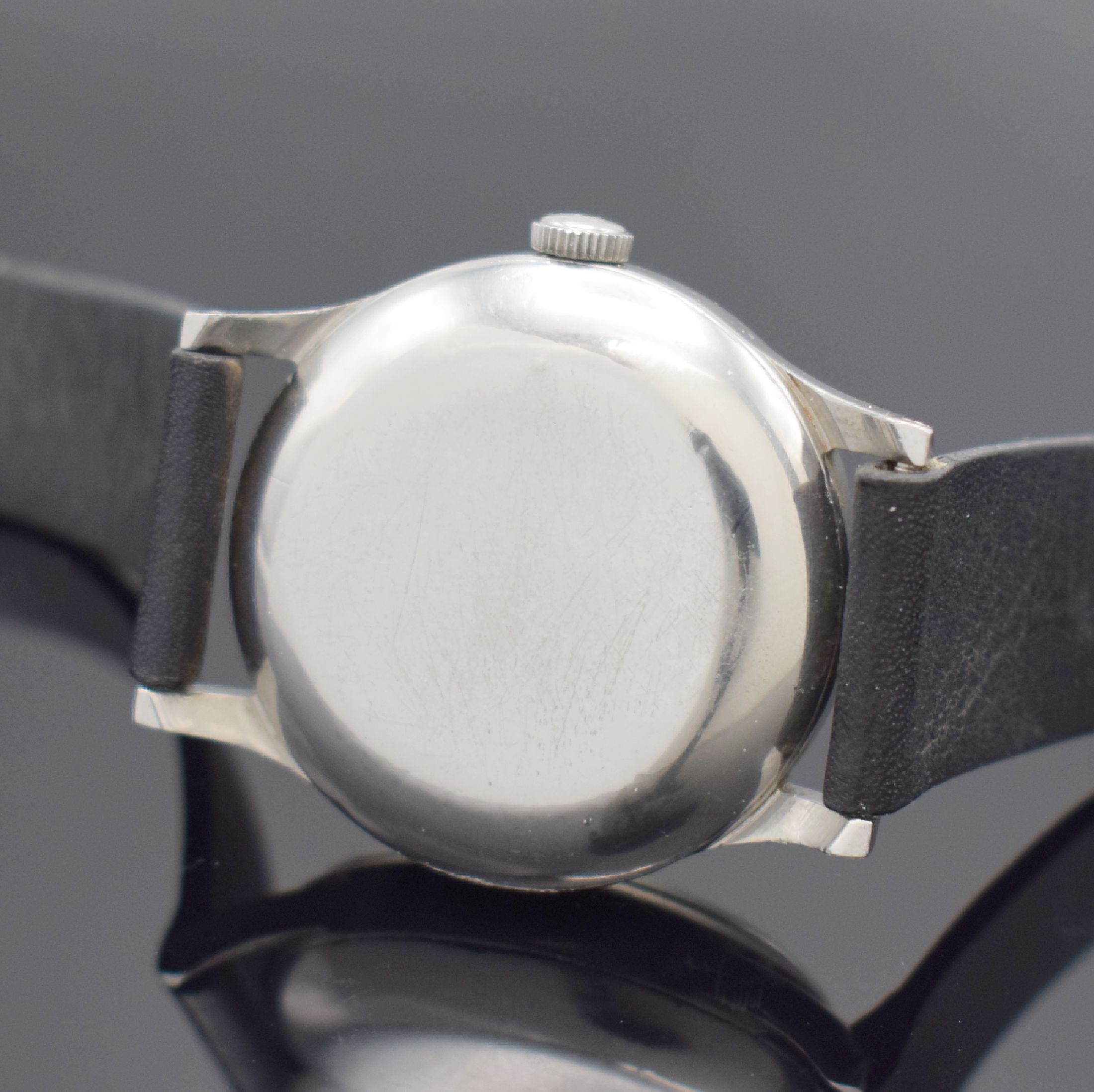Detail c: IWC Herrenarmbanduhr in Stahl mit Kaliber 85, Schweiz um 1952, Automatik, 2-teil. Gehäuse, Boden aufgedr., silb. rest. Zifferbl. m. aufges. ...
