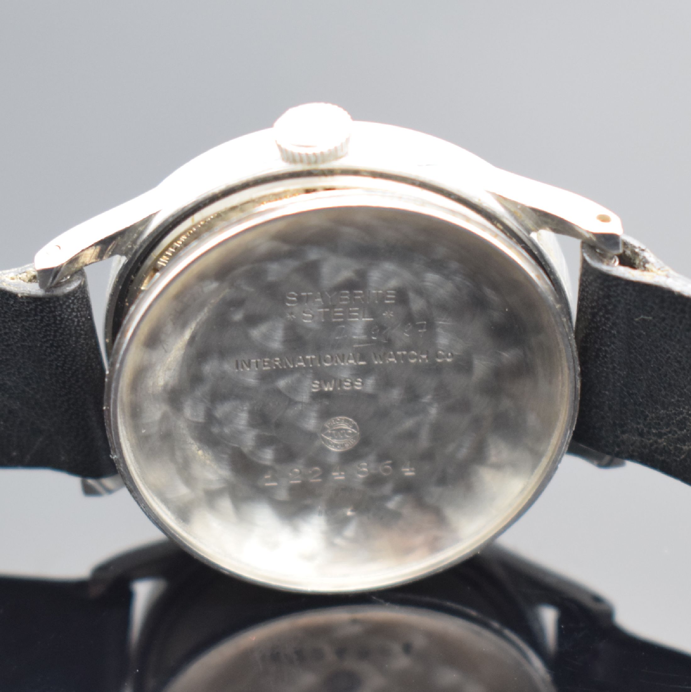 Detail f: IWC Herrenarmbanduhr in Stahl mit Kaliber 85, Schweiz um 1952, Automatik, 2-teil. Gehäuse, Boden aufgedr., silb. rest. Zifferbl. m. aufges. ...