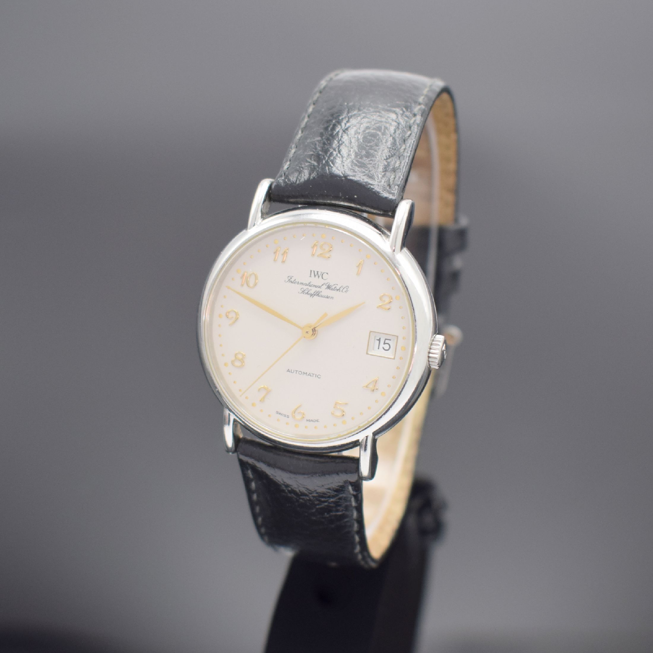 IWC Portofino Herrenarmbanduhr, Schweiz um 2000, Automatik, Ref. 3513 1, Edelstahlgeh., Boden 4-fach verschr., neutr. Lederbd. m. IWC Dornschl., ...