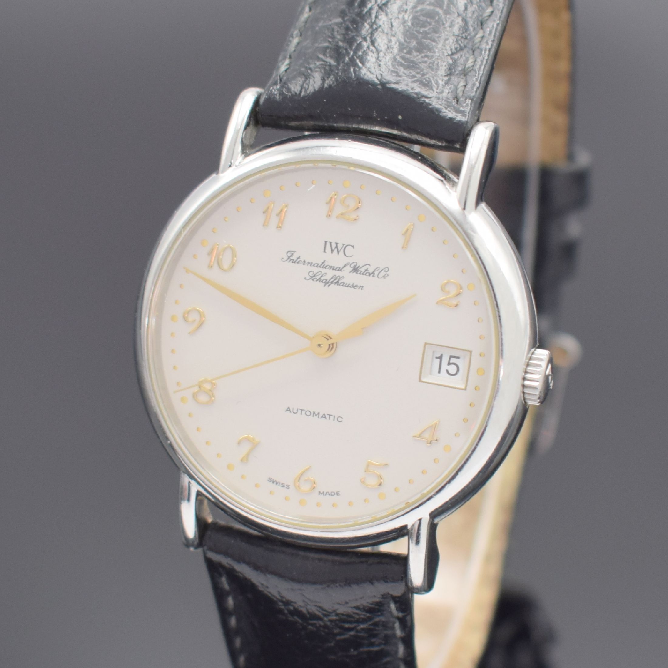 Detail a: IWC Portofino Herrenarmbanduhr, Schweiz um 2000, Automatik, Ref. 3513 1, Edelstahlgeh., Boden 4-fach verschr., neutr. Lederbd. m. IWC Dornschl., ...