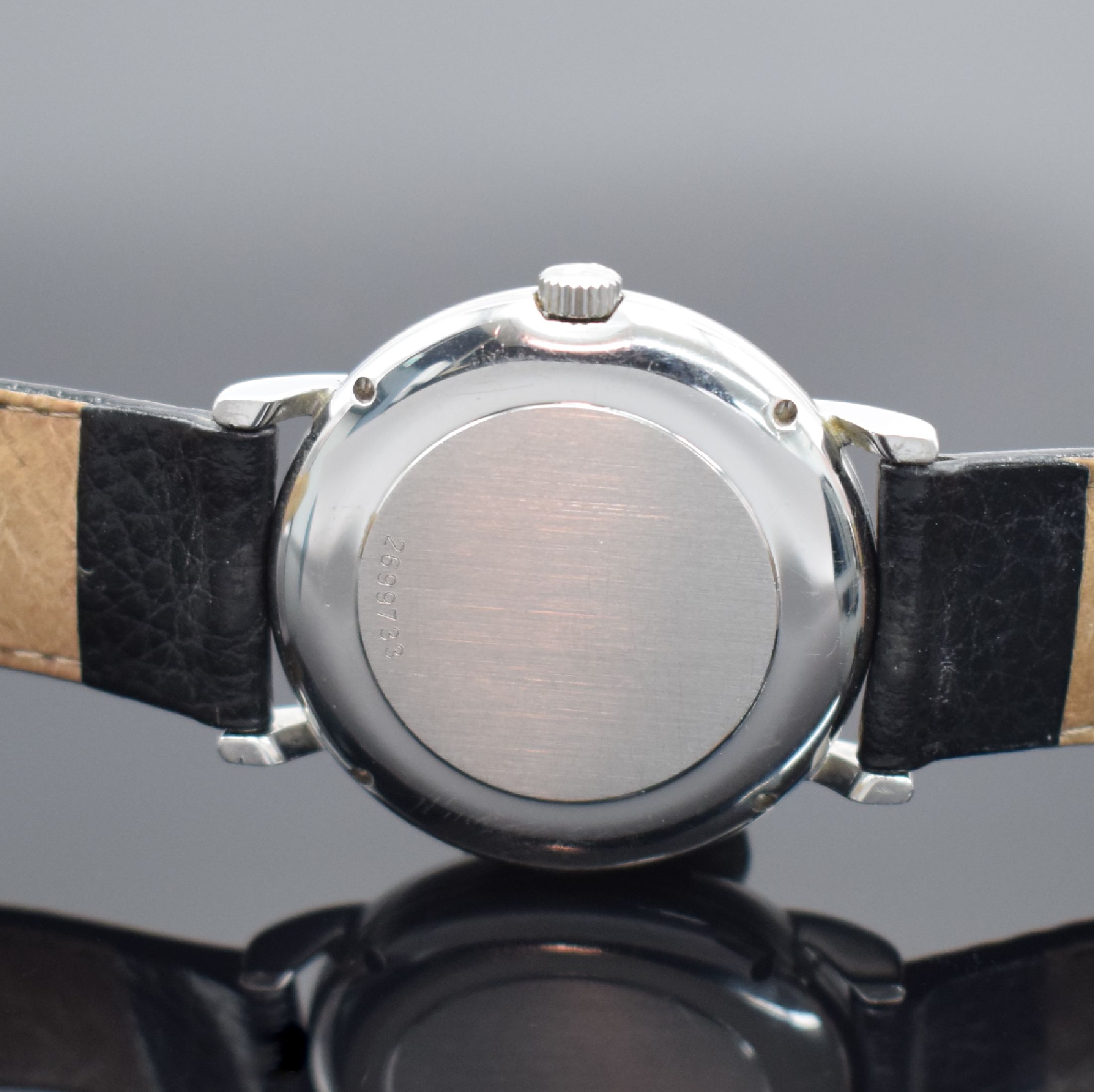 Detail d: IWC Portofino Herrenarmbanduhr, Schweiz um 2000, Automatik, Ref. 3513 1, Edelstahlgeh., Boden 4-fach verschr., neutr. Lederbd. m. IWC Dornschl., ...