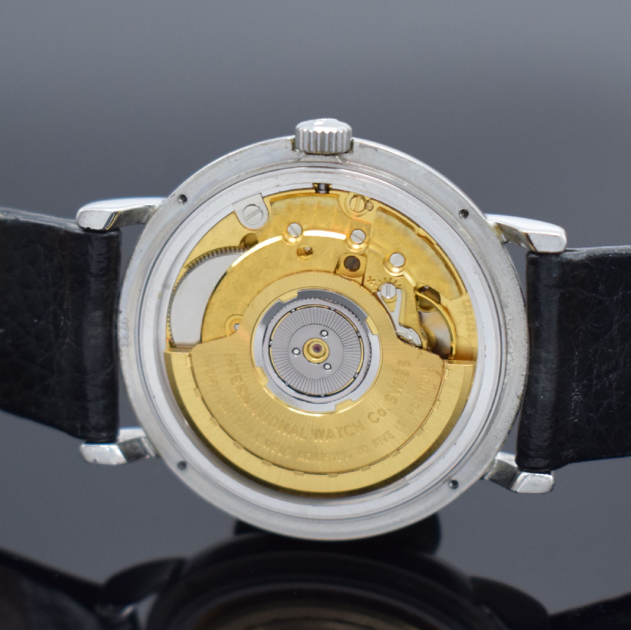 Detail e: IWC Portofino Herrenarmbanduhr, Schweiz um 2000, Automatik, Ref. 3513 1, Edelstahlgeh., Boden 4-fach verschr., neutr. Lederbd. m. IWC Dornschl., ...