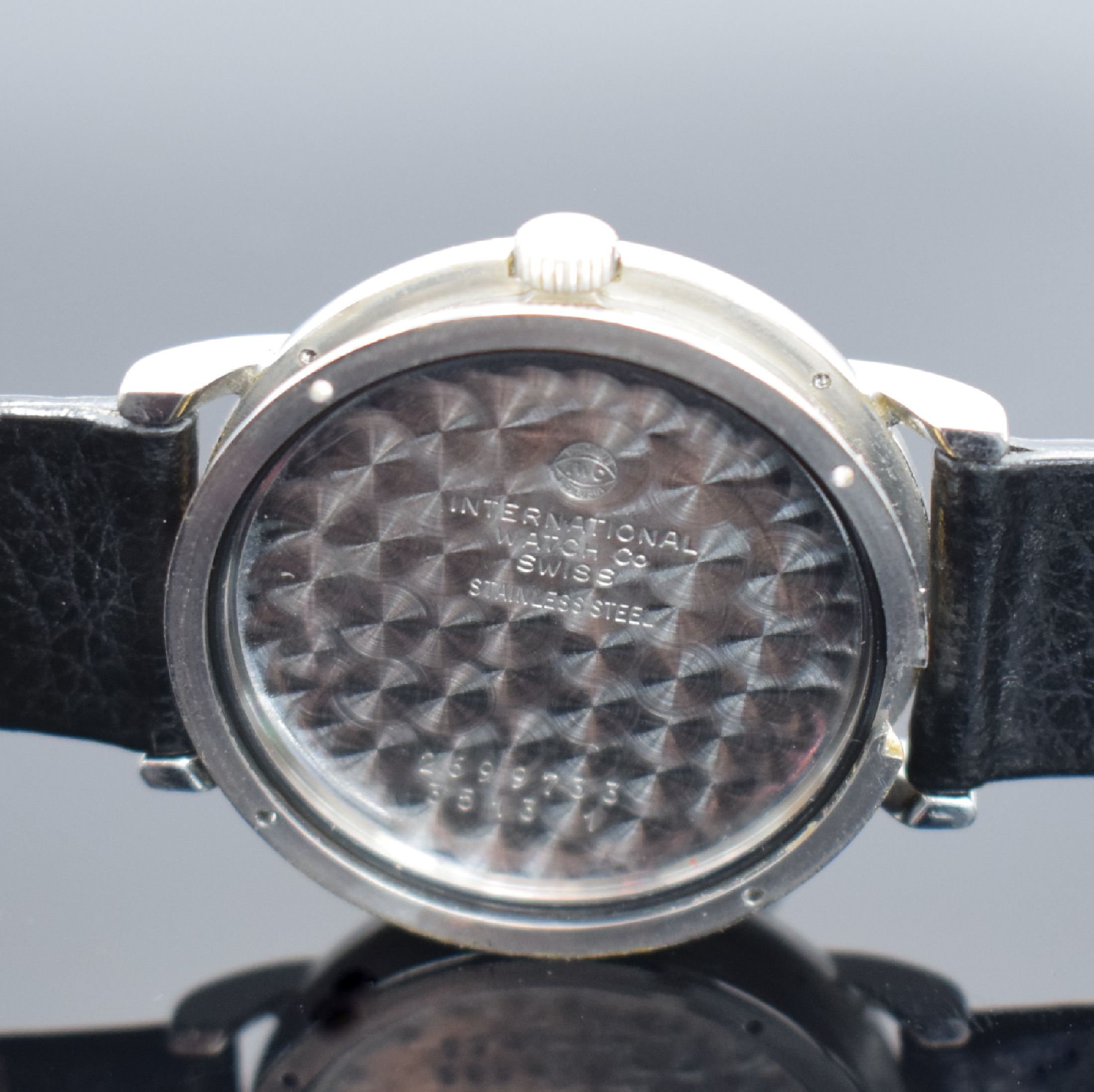 Detail g: IWC Portofino Herrenarmbanduhr, Schweiz um 2000, Automatik, Ref. 3513 1, Edelstahlgeh., Boden 4-fach verschr., neutr. Lederbd. m. IWC Dornschl., ...