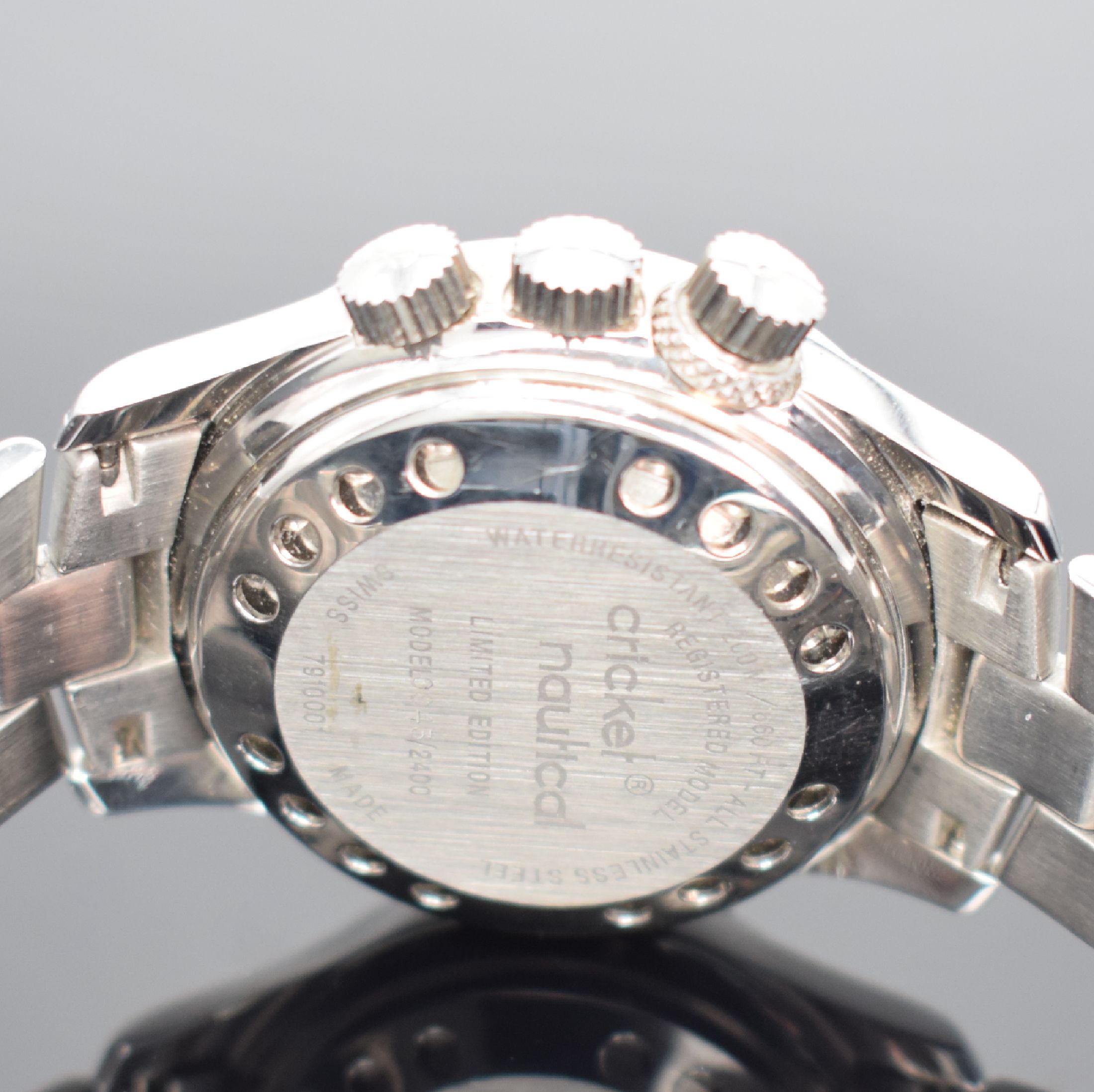 Detail d: REVUE THOMMEN Cricket Nautical Armbandwecker, Schweiz um 2000, Ref. 7910001, Handaufzug, auf 2400 Stück lim. Sondermodell in Edelstahl, dopp. ...
