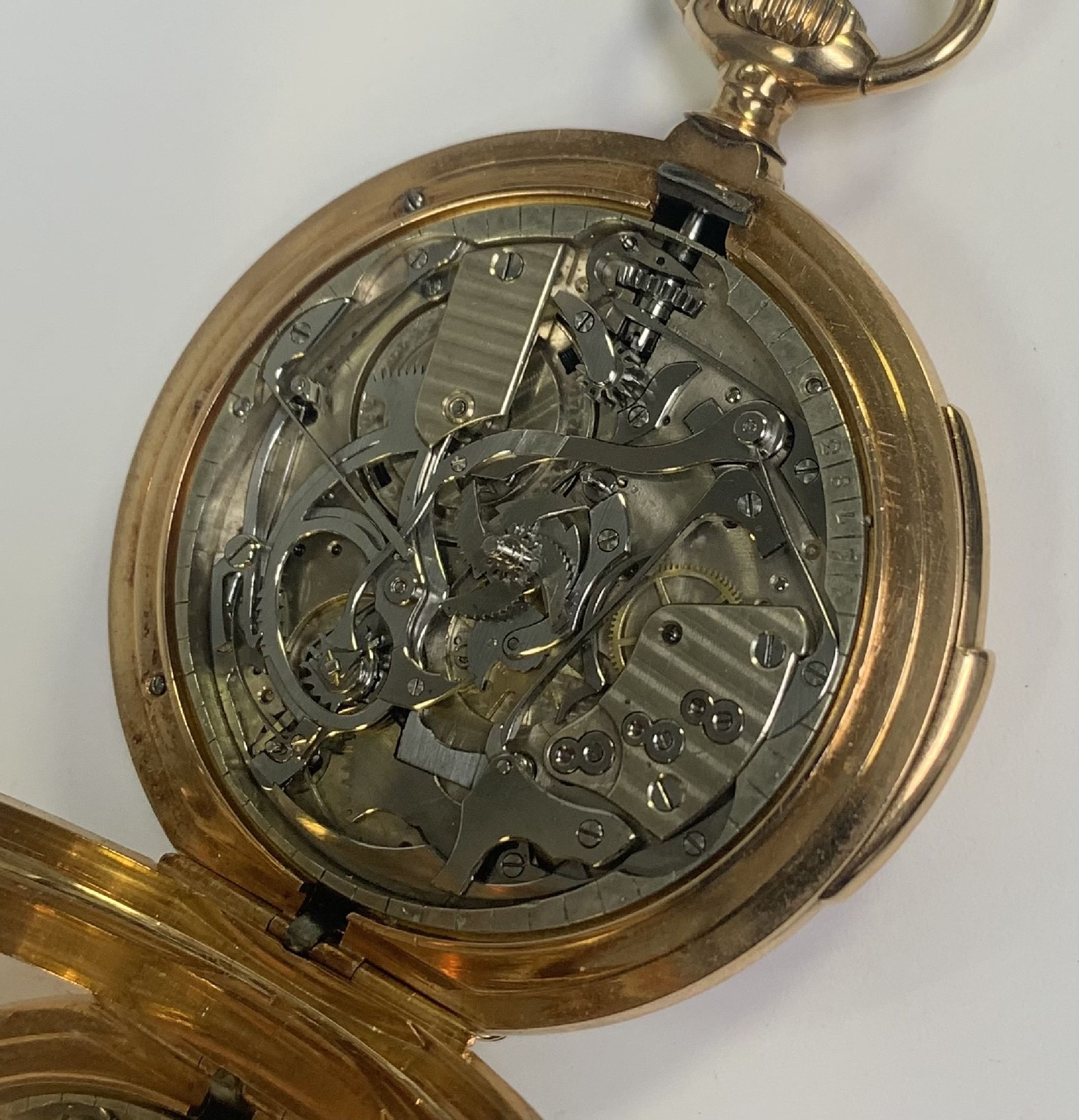 Detail i: Kleine Herrensavonette mit Minutenrepetition in RG 750/000, Schweiz um 1900, glattes 3- Deckel Goldgeh. m. à-goutte-Schlüssen, Rep. über Schieber ...