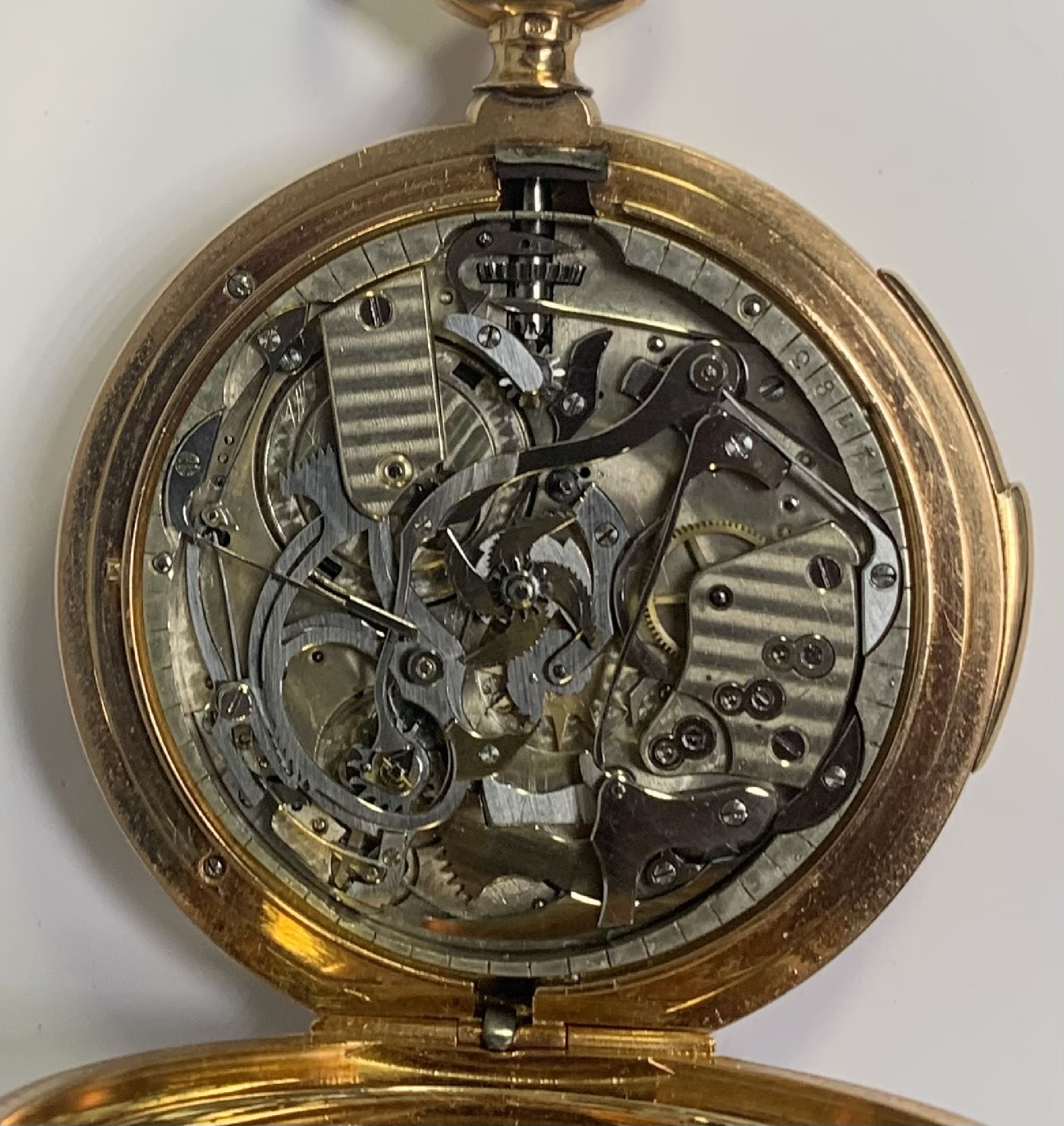 Detail j: Kleine Herrensavonette mit Minutenrepetition in RG 750/000, Schweiz um 1900, glattes 3- Deckel Goldgeh. m. à-goutte-Schlüssen, Rep. über Schieber ...