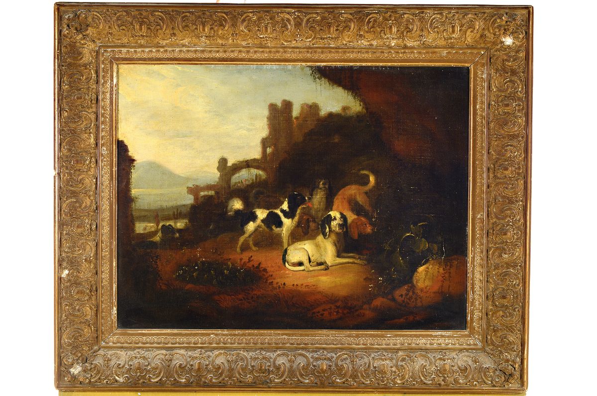 Detail k: Adriaen Cornelisz Beeldemaker, 1618 Rotterdam- 1709 Den Haag, Hundemeute vor idealisierter Landschaft mit Burgruine, Öl/Lwd, rest., doubl., rechts ...