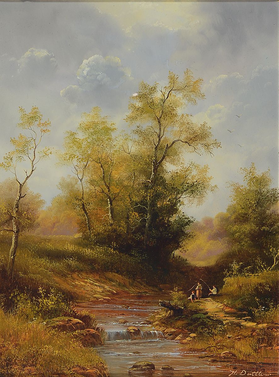 Herbert Duttler, geb. 1948 Weilheim, Herbstliche Landschaft mit angelnder Familie am Ufer eines Baches, Öl/Holz, sign., ca. 24x18cm, R. ca. 42x37cm