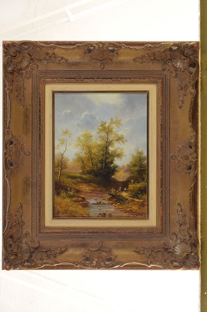 Detail k: Herbert Duttler, geb. 1948 Weilheim, Herbstliche Landschaft mit angelnder Familie am Ufer eines Baches, Öl/Holz, sign., ca. 24x18cm, R. ca. 42x37cm