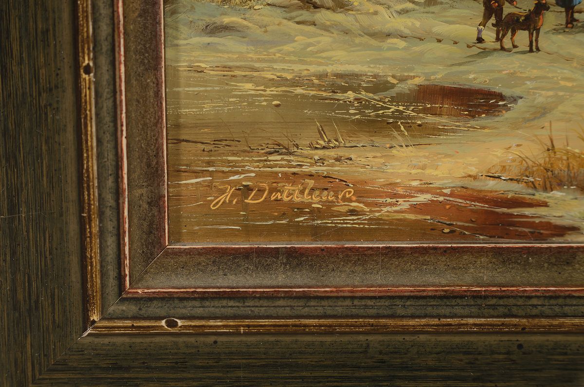 Detail a: Herbert Duttler, geb. 1948 Weilheim, Abendrot über einer Winterlandschaft mit Personen, Öl/Holz, signiert, ca. 23x17cm, R. ca. 37x31cm