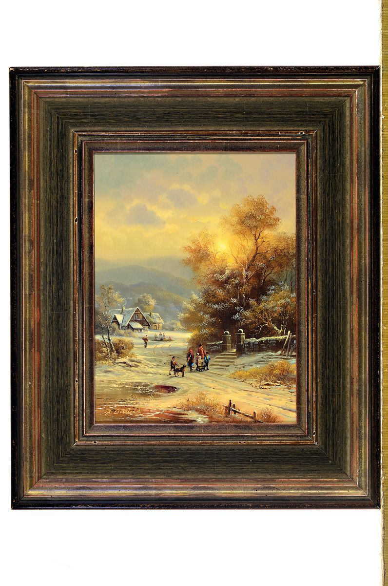 Detail k: Herbert Duttler, geb. 1948 Weilheim, Abendrot über einer Winterlandschaft mit Personen, Öl/Holz, signiert, ca. 23x17cm, R. ca. 37x31cm