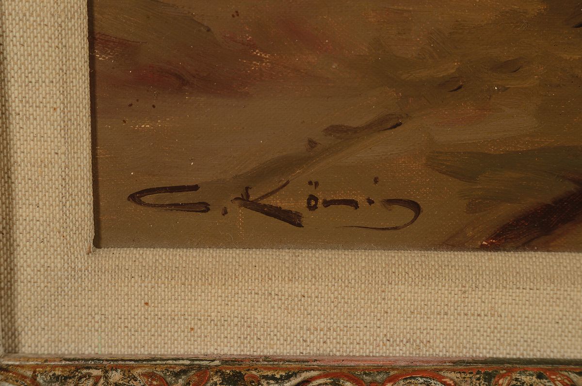 Detail a: Günter König, 1926 Gießen-2007 ebenda, bekannter deutscher Landschaftsmaler im Stil der Düsseldorfer Schule, "Winterlandschaft mit ...