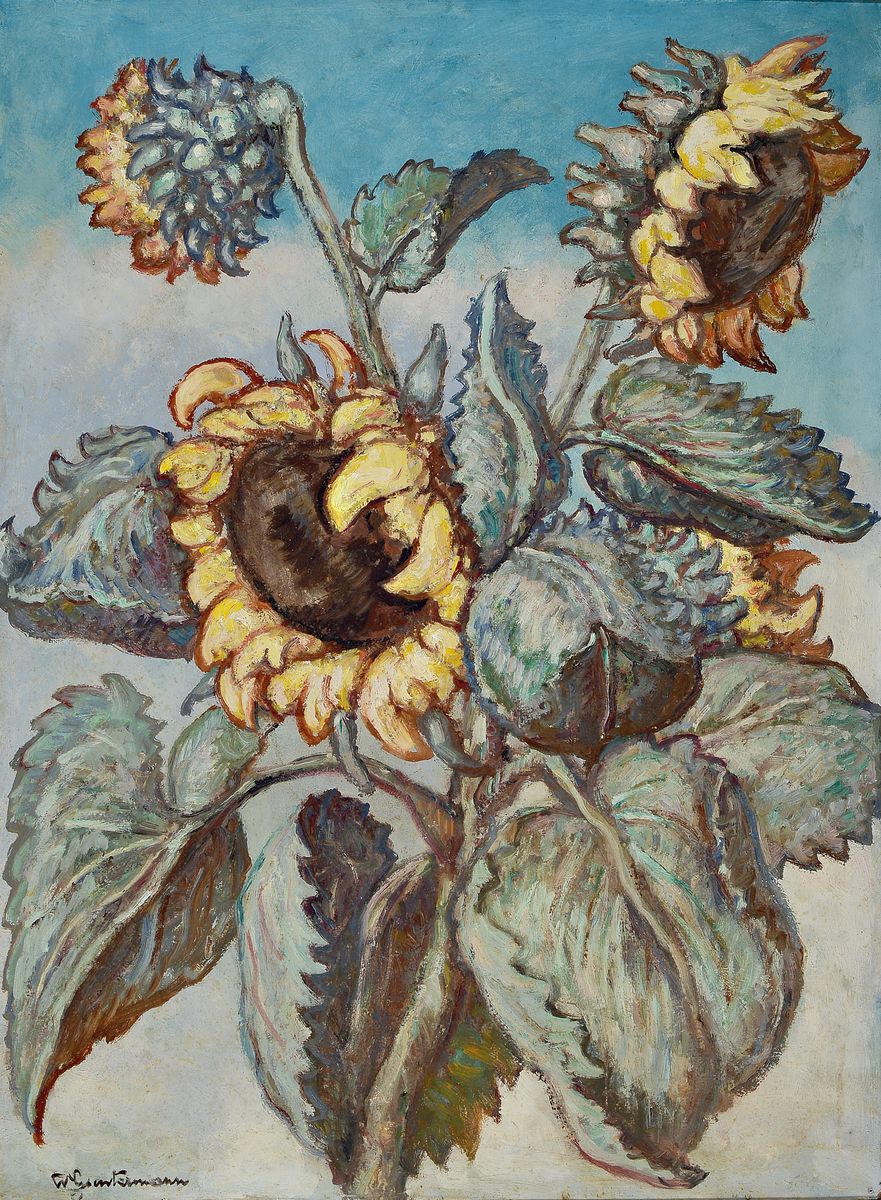 Wilhelm Guntermann, 1887 - 1976 Hollerbach, Blumenstillleben mit Sonnenblumen, Öl/ Malplatte, signiert, rückseitig beschriftet Des N.O.K München/B ...