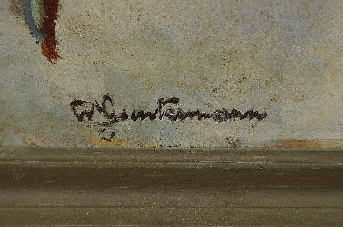 Detail a: Wilhelm Guntermann, 1887 - 1976 Hollerbach, Blumenstillleben mit Sonnenblumen, Öl/ Malplatte, signiert, rückseitig beschriftet Des N.O.K München/B ...