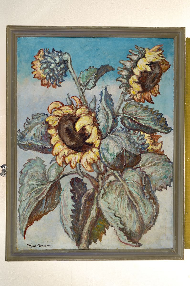 Detail k: Wilhelm Guntermann, 1887 - 1976 Hollerbach, Blumenstillleben mit Sonnenblumen, Öl/ Malplatte, signiert, rückseitig beschriftet Des N.O.K München/B ...