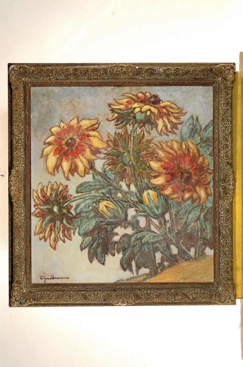 Detail k: Wilhelm Guntermann, 1887 - 1976 Hollerbach, Blumenstillleben, Öl/Malplatte Malplatte, signiert, 70 x 69 cm, Rahmen ca. 83 x 79 cm, l. best.