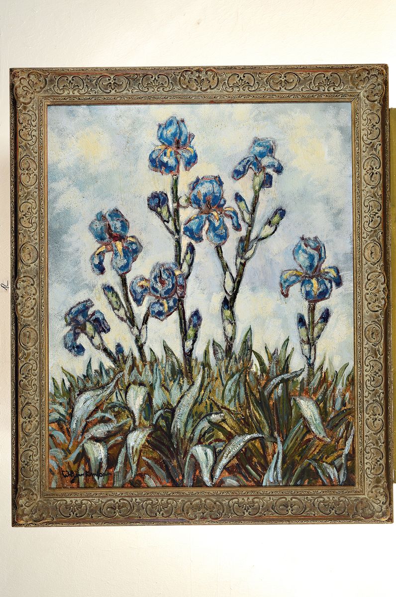 Detail k: Wilhelm Guntermann, 1887 - 1976 Hollerbach, Blumenstillleben mit Schwertlilien, Öl/Lwd signiert, ca. 80 x 65 cm, Rahmen: 97 x 79 cm