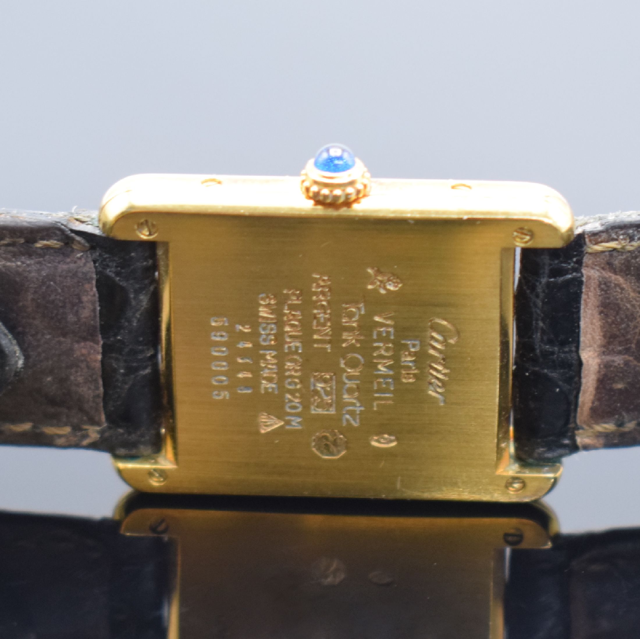 Detail c: CARTIER Damenarmbanduhr Tank Vermeil Referenz 590005, Schweiz um 1990, quarz, 2-teil., verg. Silbergeh. inkl. Lederband (zu ern.) mit orig. ...