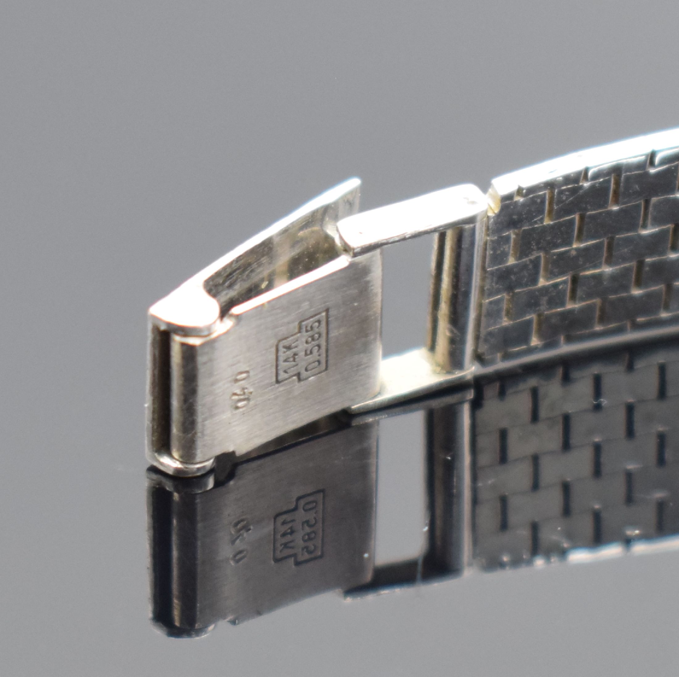 Detail b: ANDRO Damenarmbanduhr in WG 585/000, Schweiz um 1960, Handaufzug, 2-teil. Geh., Boden aufgedr., WG 585/000 Armband, weißes Zifferbl., schwarze ...