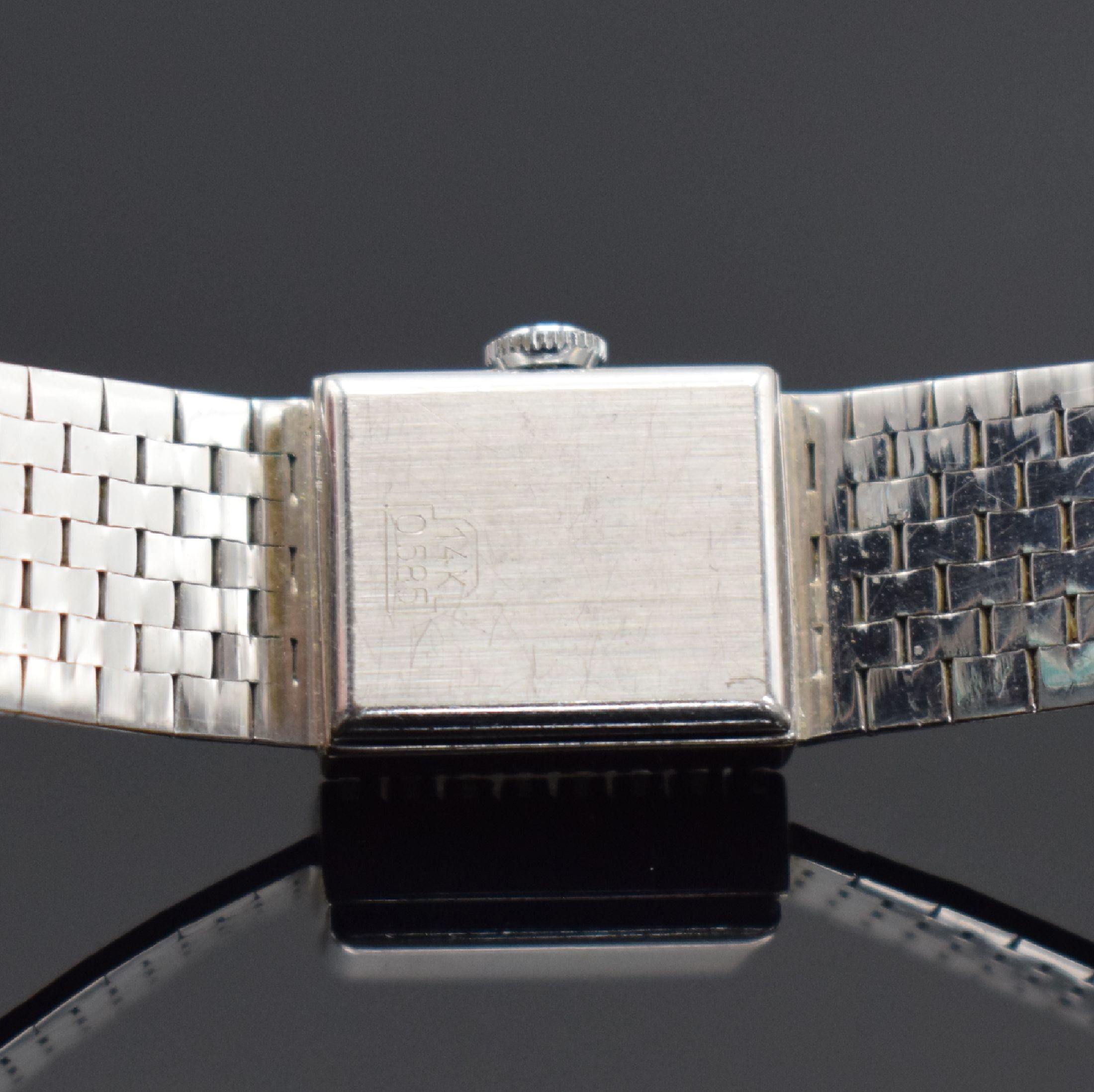 Detail c: ANDRO Damenarmbanduhr in WG 585/000, Schweiz um 1960, Handaufzug, 2-teil. Geh., Boden aufgedr., WG 585/000 Armband, weißes Zifferbl., schwarze ...