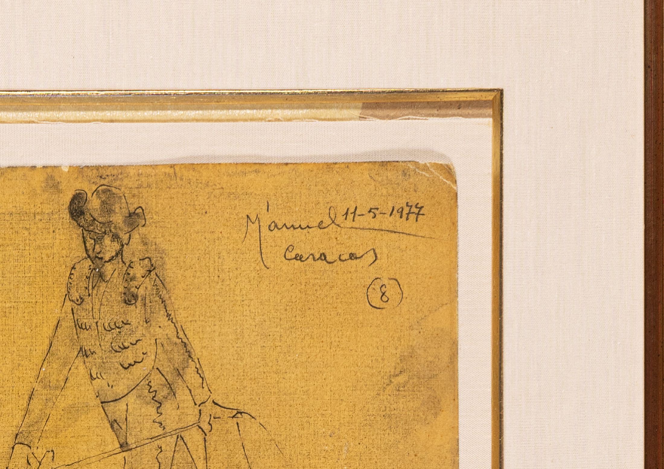 Detail a: Manuel Bordogna, 1917 Mailand - ?, Stierkampf, Mischtechnik/Lwd, re. o. bez. Manue 11-5-1977 Cracas 8. ca. 41 x 32 cm, unter Glas, Rahmen l. ...
