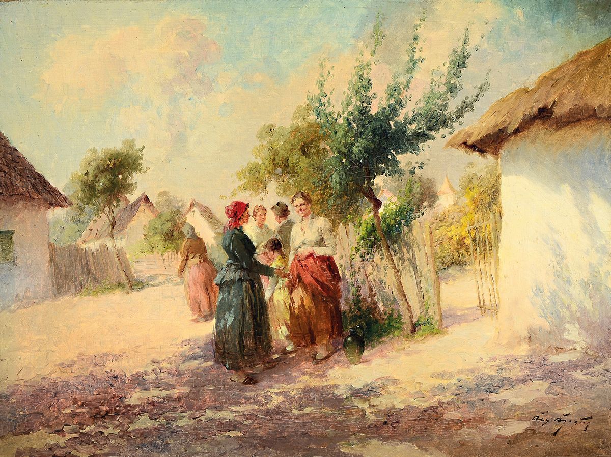 Acs Agoston, 1889 Budapest - 1947, ungarische Dorfszene mit Frauen und Mädchen, Öl/Lwd, re. u. signiert, ca. 60 x 80 cm, Rahmen l. besch., ca. 73 x ...