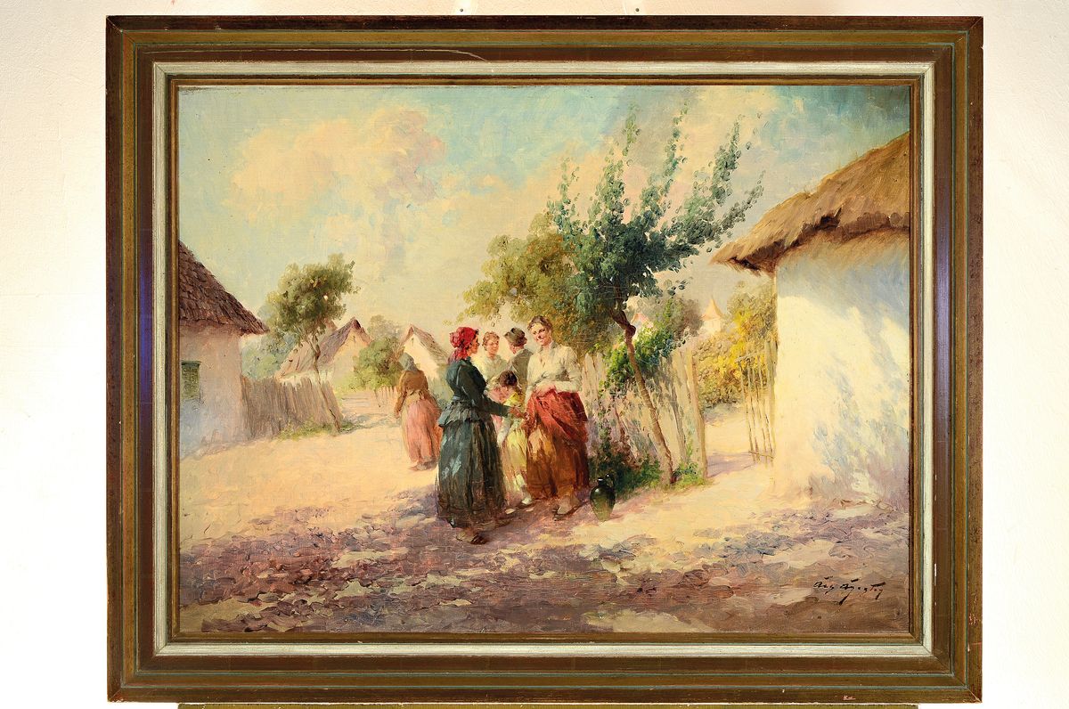Detail k: Acs Agoston, 1889 Budapest - 1947, ungarische Dorfszene mit Frauen und Mädchen, Öl/Lwd, re. u. signiert, ca. 60 x 80 cm, Rahmen l. besch., ca. 73 x ...