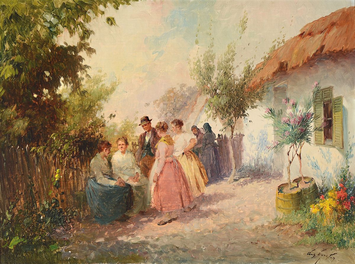 Acs Agoston, 1889 Budapest - 1947, bäuerliche Dorfszenerie mit Personen, Öl/Lwd, re. u. signiert, ca. 60 x 80 cm, Rahmen l. besch., ca. 73 x 92 cm