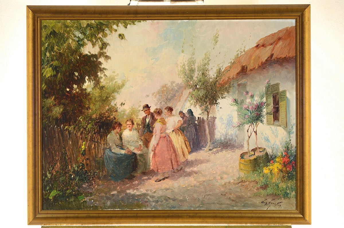 Detail k: Acs Agoston, 1889 Budapest - 1947, bäuerliche Dorfszenerie mit Personen, Öl/Lwd, re. u. signiert, ca. 60 x 80 cm, Rahmen l. besch., ca. 73 x 92 cm