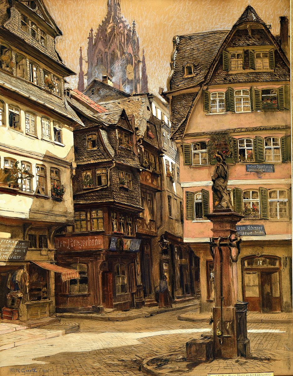 Fritz Graetz, 1875 Frankfurt/M - 1915 Serbien, Frankfurt am Main, Platz an der Saalgasse, Kreidezeichnung aquarelliert und weiß gehöht, li. u. ...