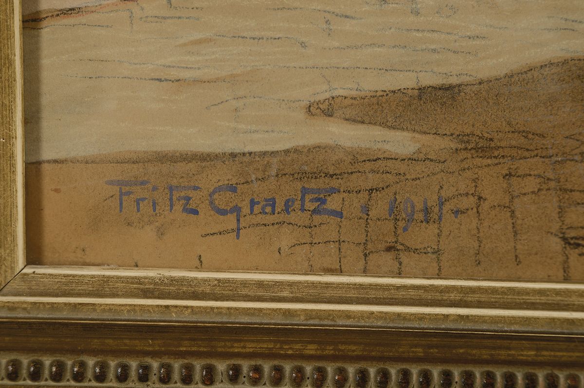 Detail a: Fritz Graetz, 1875 Frankfurt/M - 1915 Serbien, Frankfurt am Main, Platz an der Saalgasse, Kreidezeichnung aquarelliert und weiß gehöht, li. u. ...